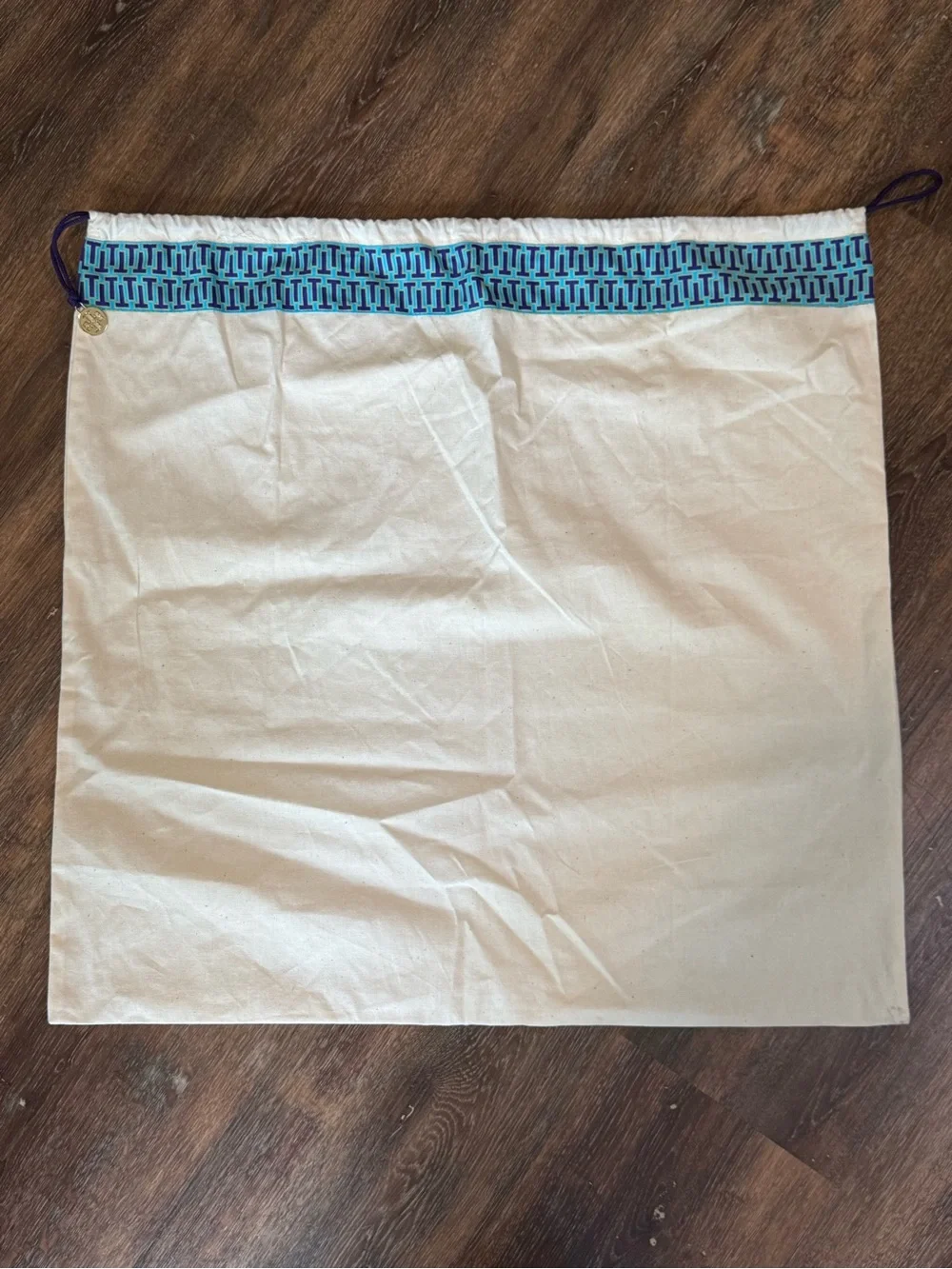 Tory Burch Canvas Dust Bag Drawstring Storage Pouch Cream Blue Gold Logo